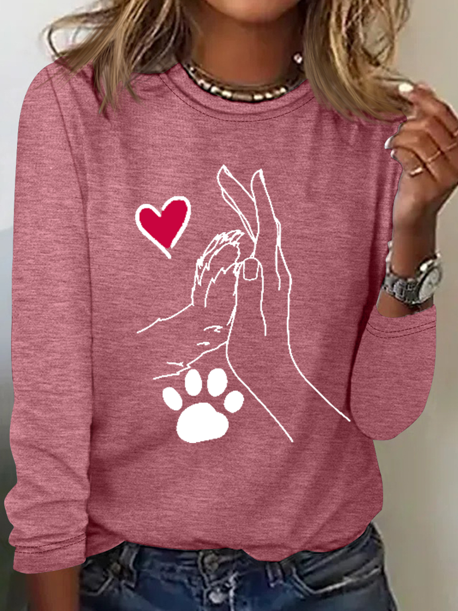 Funny Dog Heart Cotton-Blend Simple Crew Neck Long Sleeve Shirt