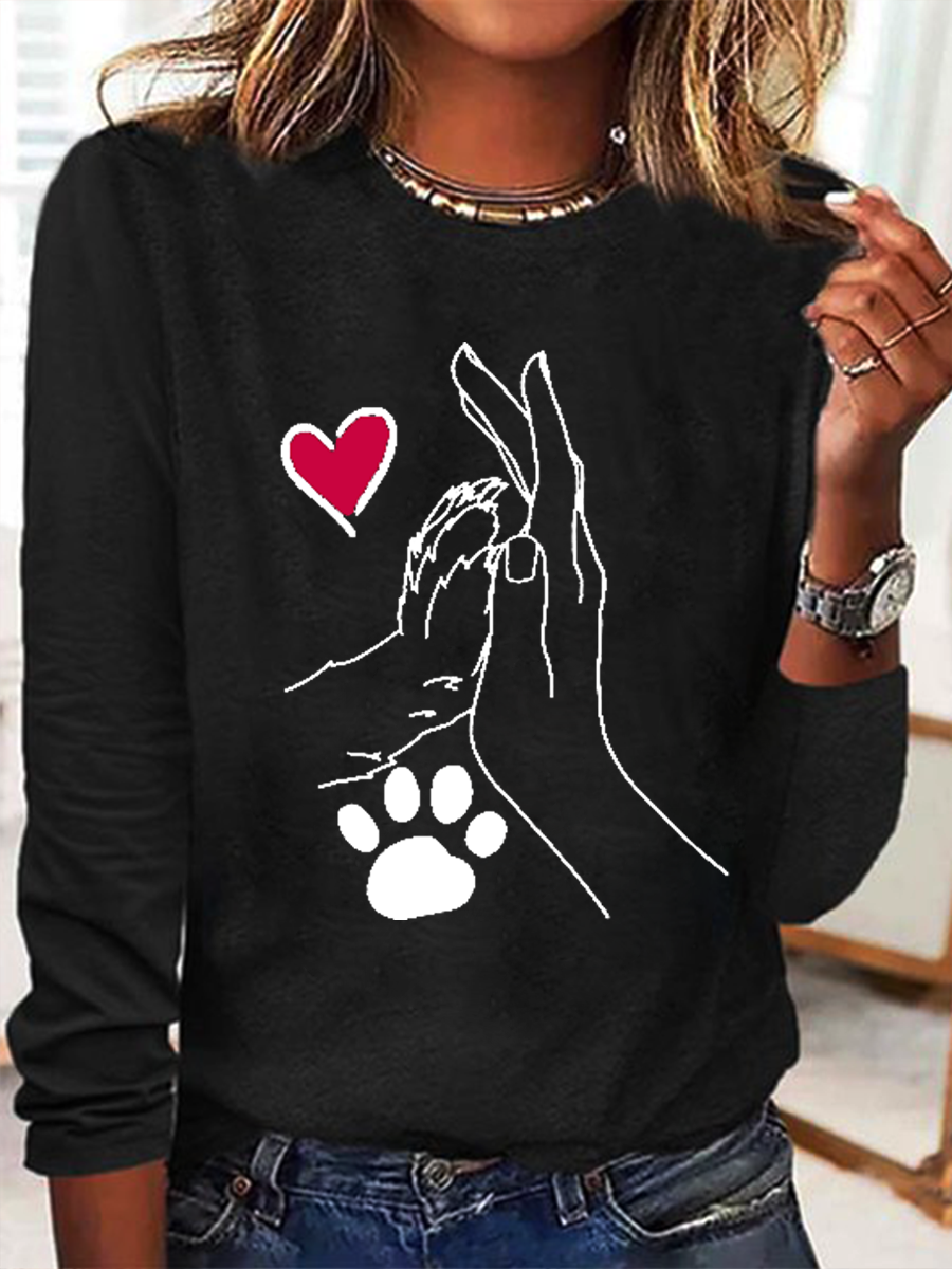 Funny Dog Heart Cotton-Blend Simple Crew Neck Long Sleeve Shirt