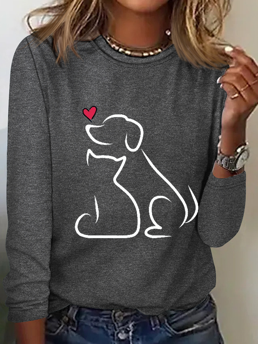 Funny Dog And Cat Heart Simple Cotton-Blend Long Sleeve Shirt