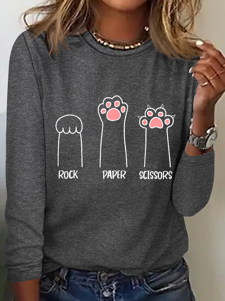 Rock Paper Scissors Hand Game Cute Paw Funny Cat Cotton-Blend Regular Fit Crew Neck Simple Long Sleeve Shirt