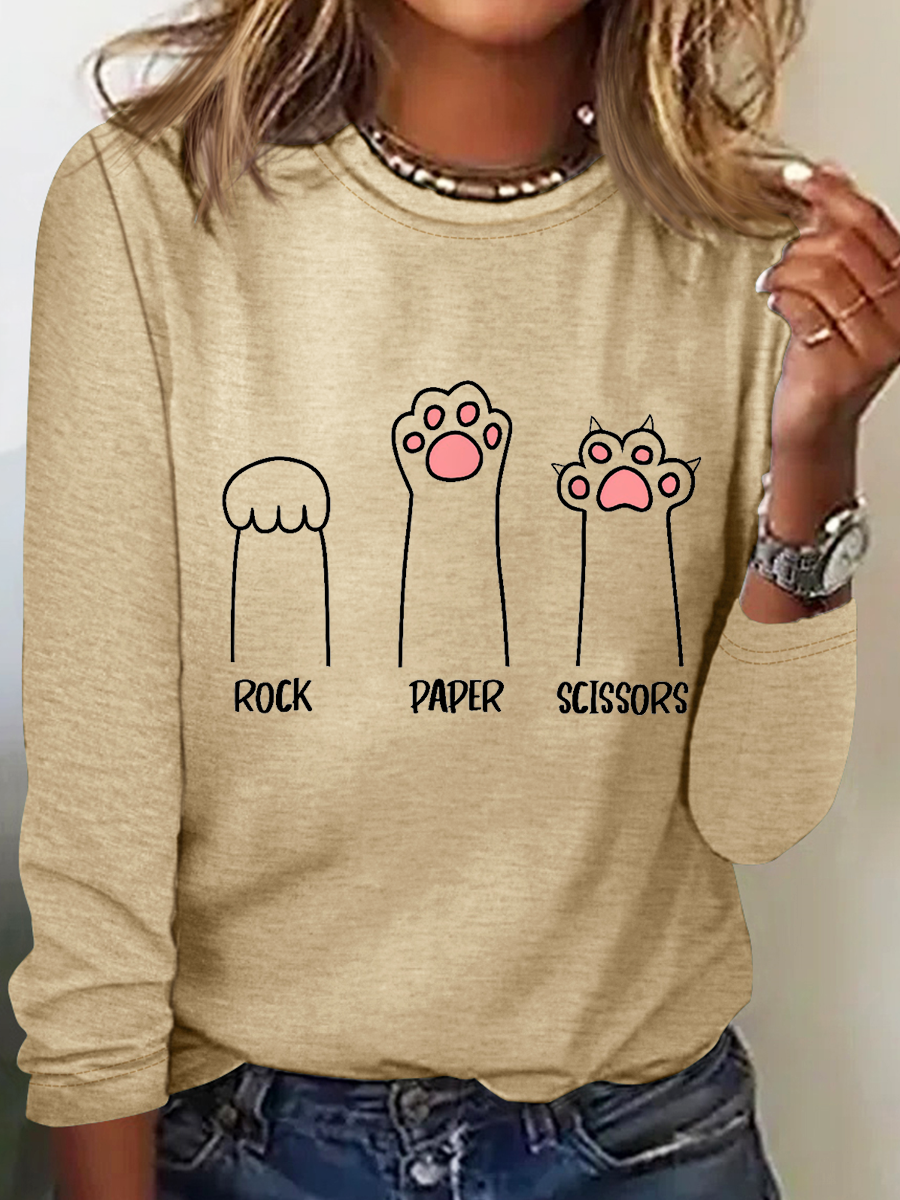 Rock Paper Scissors Hand Game Cute Paw Funny Cat Cotton-Blend Regular Fit Crew Neck Simple Long Sleeve Shirt