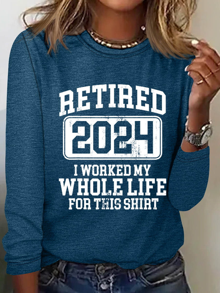 Retired 2024 Retirement Humor Simple Text Letters Long Sleeve Shirt