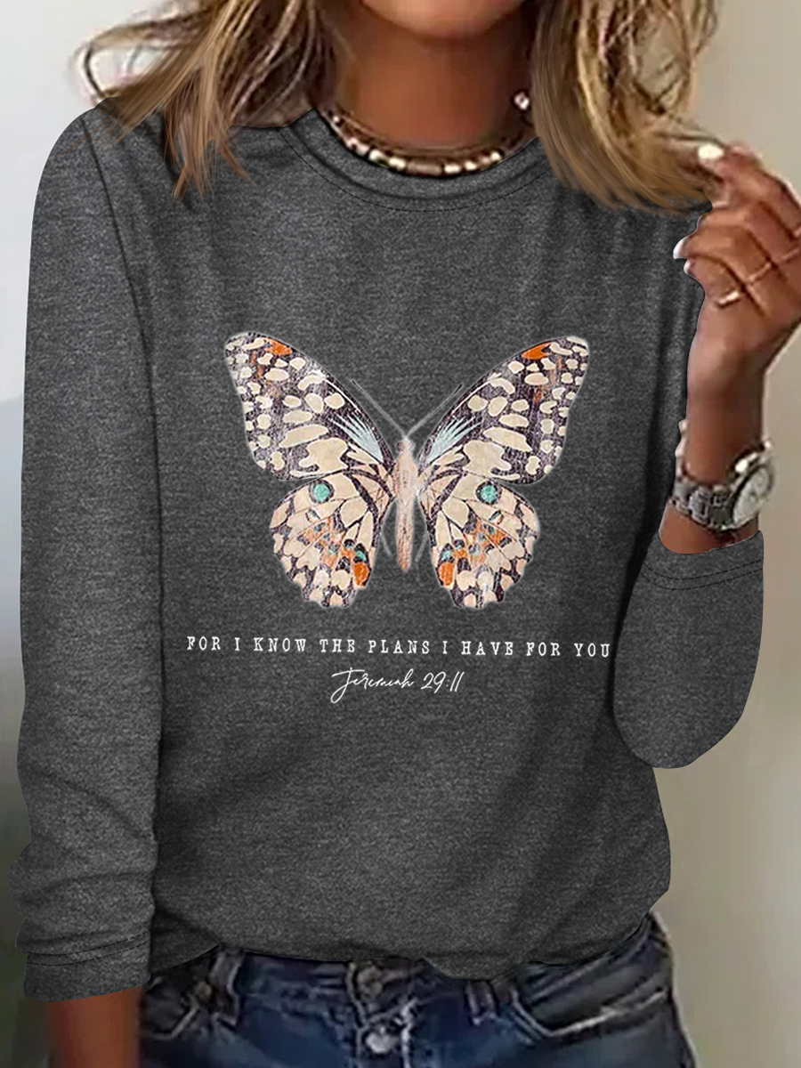 Women's Casual Jeremiah 29 11 For I Know the Plans I Have For You Print Cotton-Blend Crew Neck Butterfly Long Sleeve Shirt