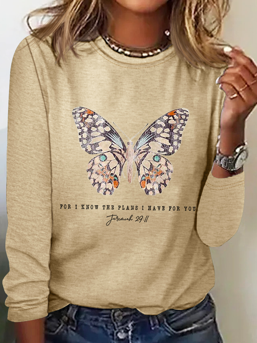 Women's Casual Jeremiah 29 11 For I Know the Plans I Have For You Print Cotton-Blend Crew Neck Butterfly Long Sleeve Shirt