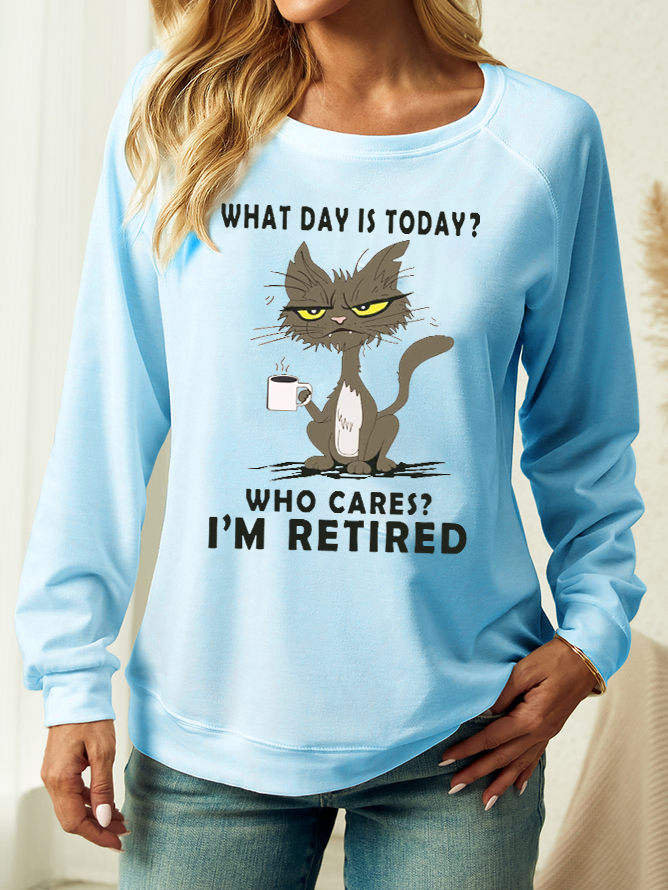 Women's Who Cares I'm Retired Funny Cat Crew Neck Casual Sweatshirt