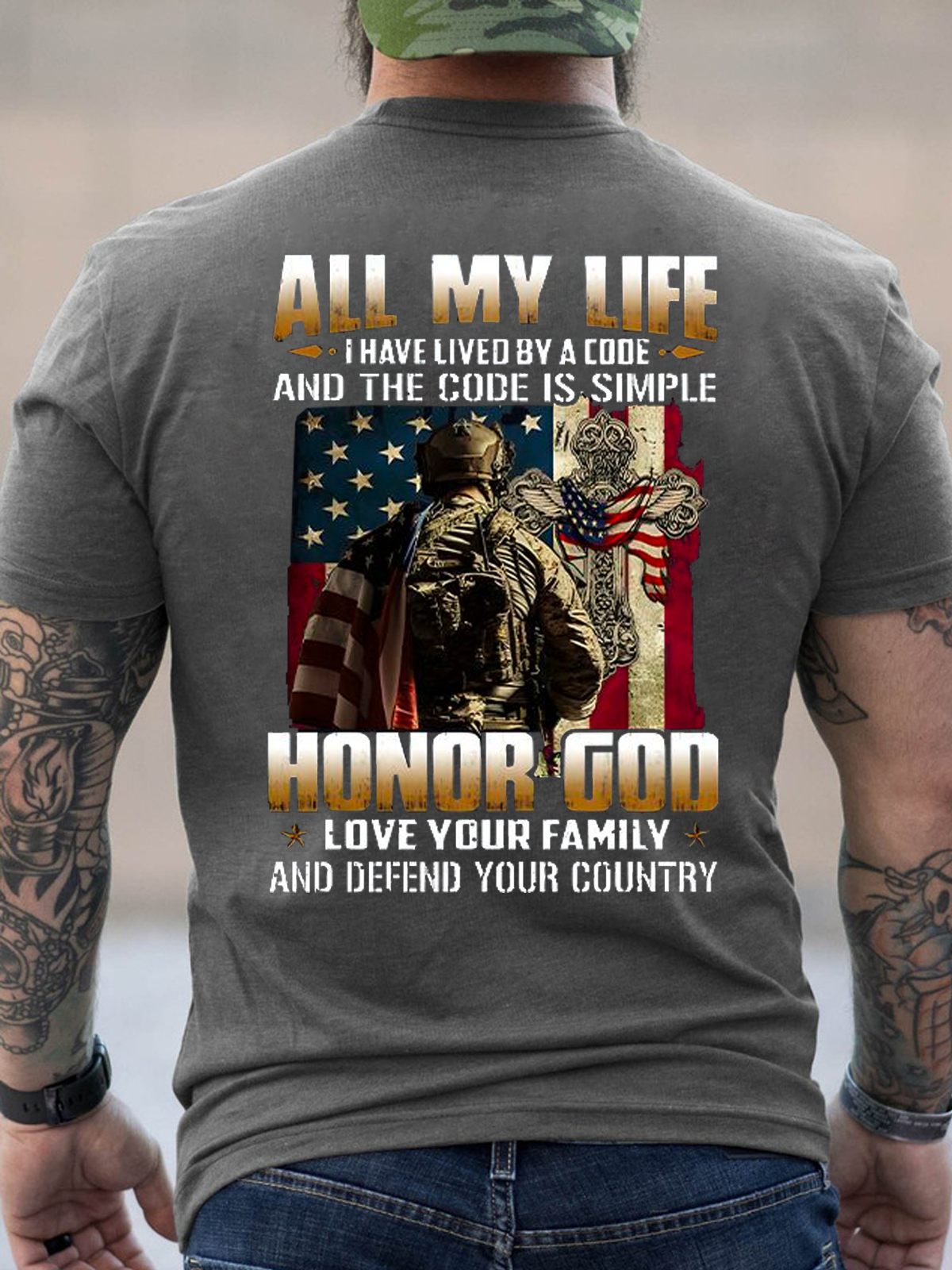 Cotton Honor God VeteransText Letters Crew Neck Casual T-Shirt