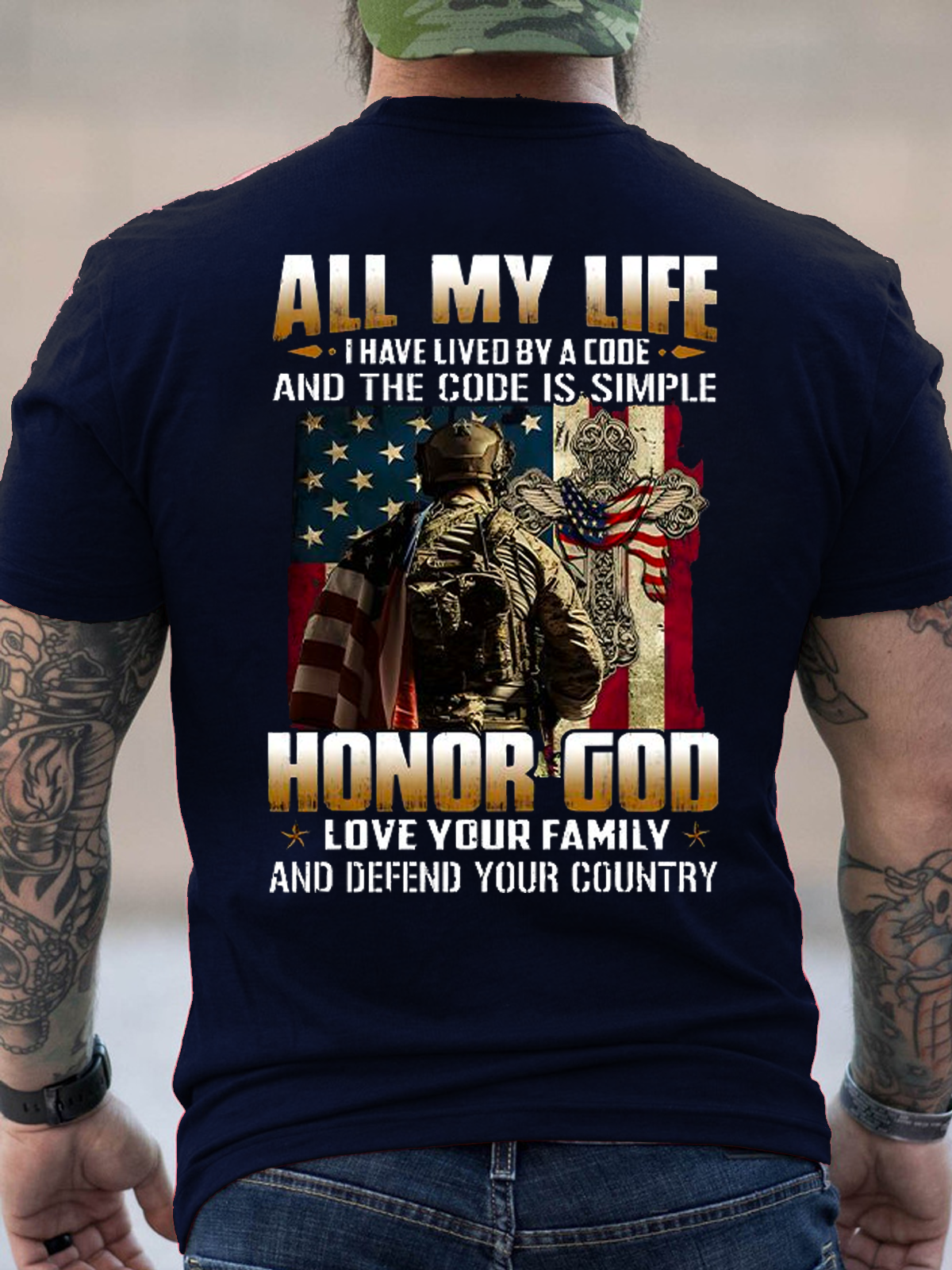 Cotton Honor God VeteransText Letters Crew Neck Casual T-Shirt