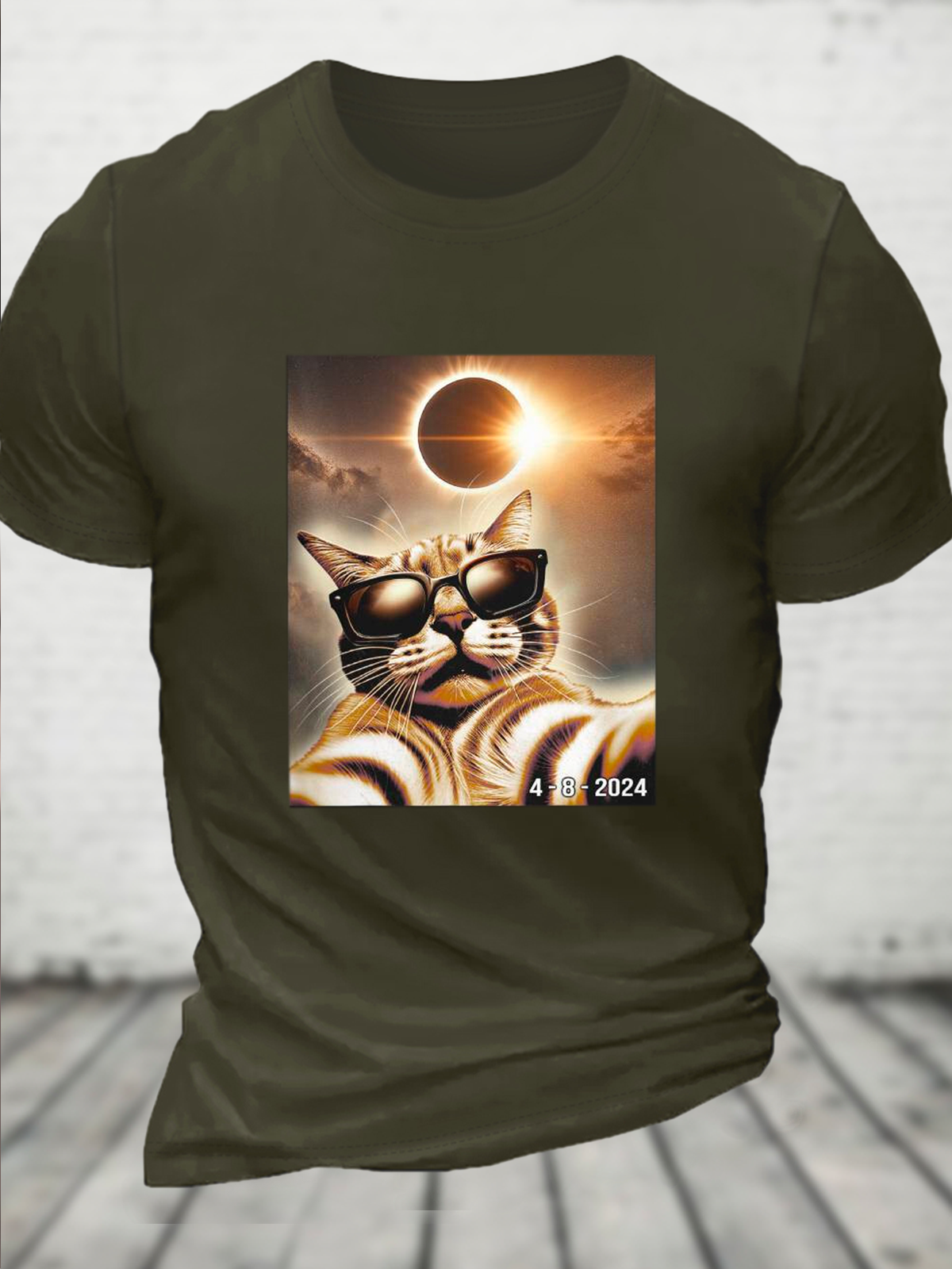 Cotton Funny Suprise Cats Selfie With Solar Eclipse 2024 Crew Neck Casual T-Shirt