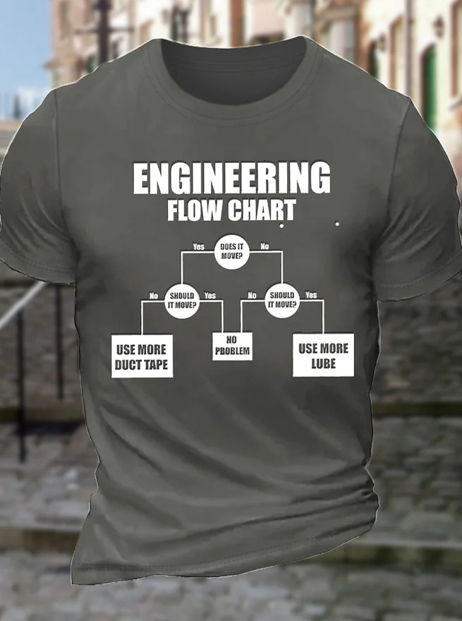 Men's Engineering Flow Chart Use More Duct Tape No Problem Use More Lube Funny Graphic Printing Casual Loose Crew Neck Cotton T-Shirt