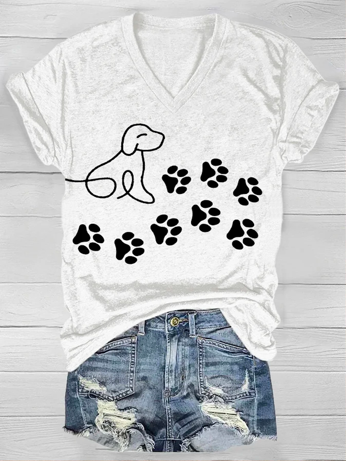 Women's Dog Paw Print Casual Loose V Neck Dog T-Shirt