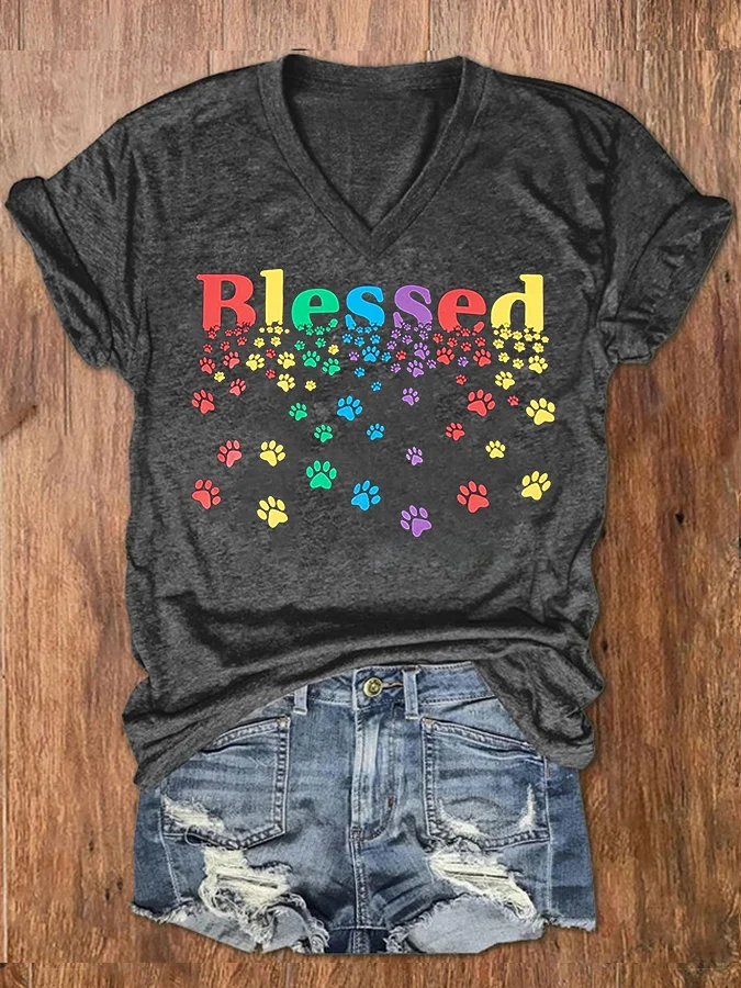 Women's Colorful Blessed Paws Dog Lover Casual Cotton-Blend Loose Dog Casual T-Shirt