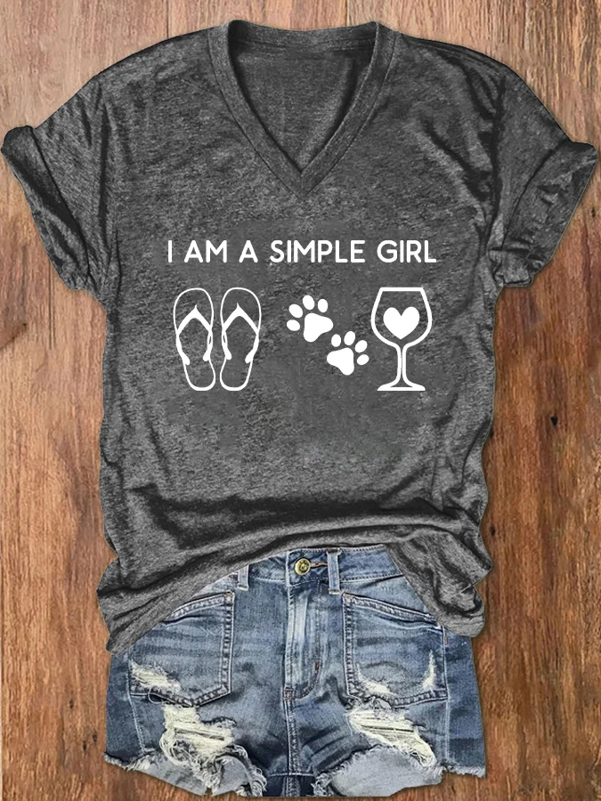 Women's"I'm a simple girl"print Cotton-Blend Vintage Loose Dog T-Shirt