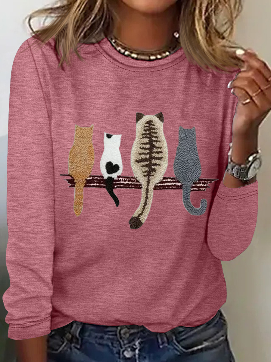 Funny Cat Cotton-Blend Crew Neck Simple Long Sleeve Shirt