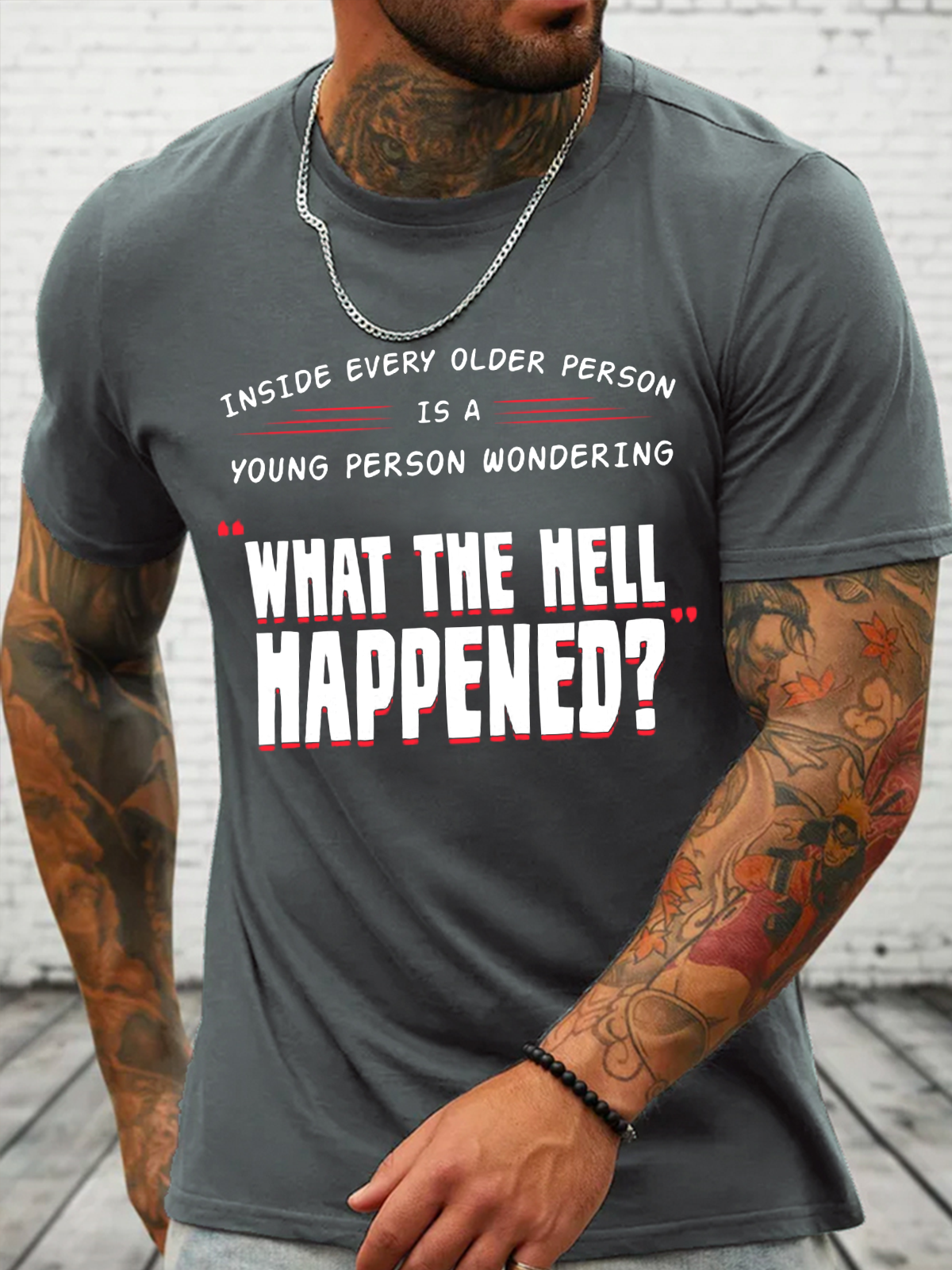 Cotton Funny Word What The Hell Happened? Crew Neck Casual T-Shirt