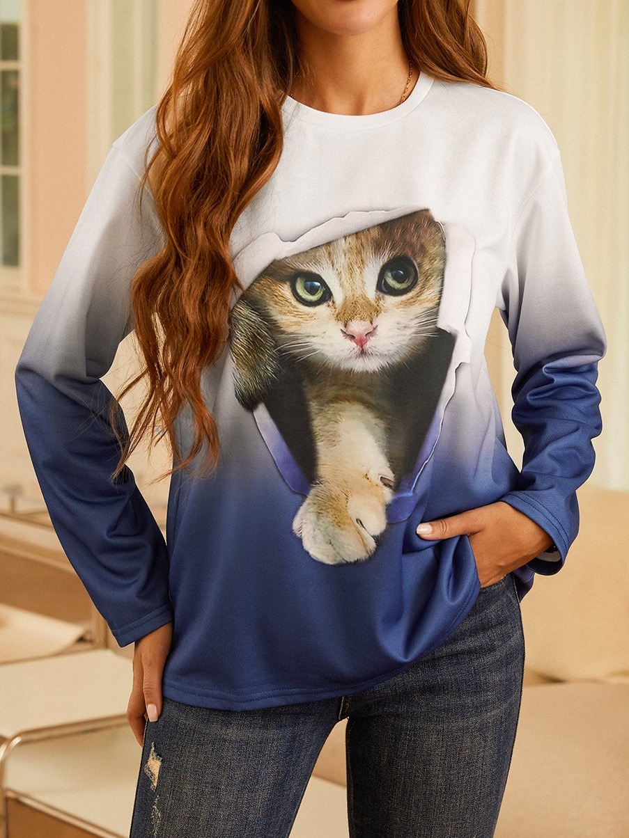 Loose Cat Crew Neck Casual Sweatshirt