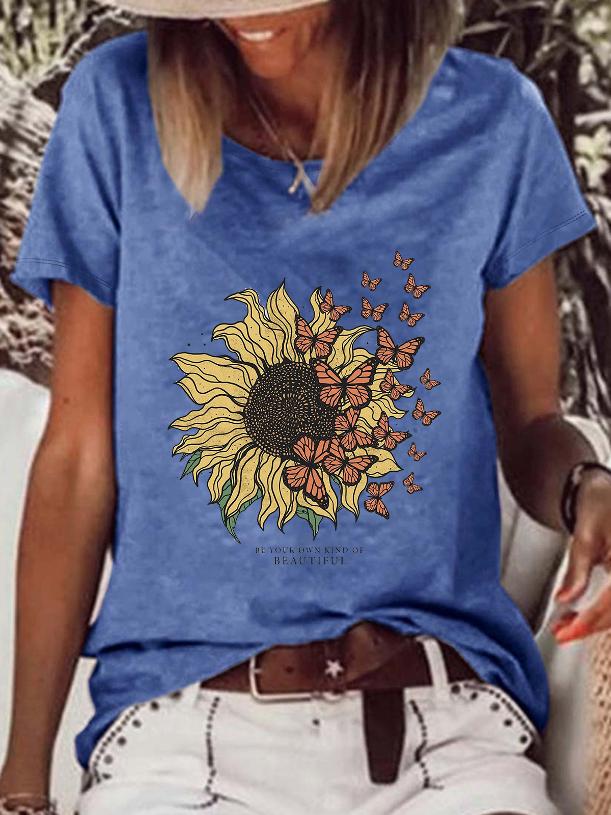Vintage Sunflower Casual Loose Text Letters T-Shirt