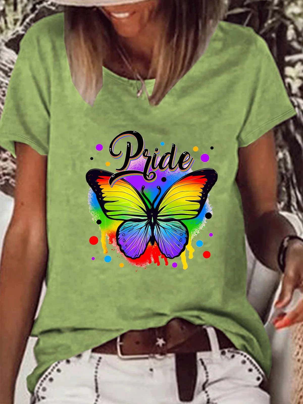 Pride Butterfly Cotton-Blend Text Letters Casual Loose T-Shirt