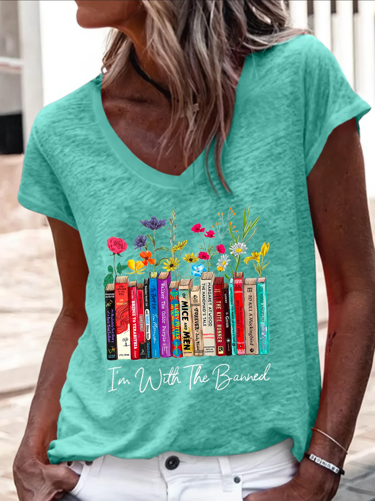 Women's I'm With The Banned Flowers Book Lover Gift Regular Fit V Neck Floral Casual T-Shirt