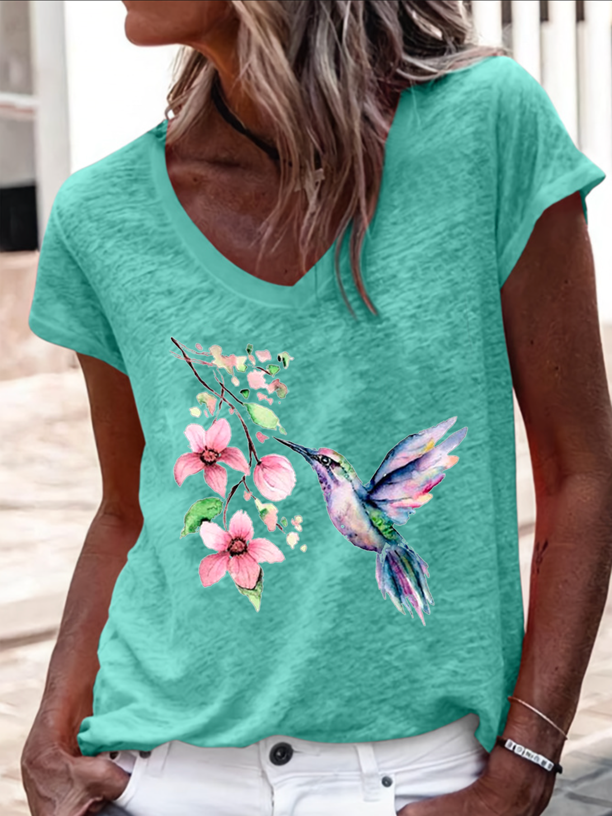 Women's Hummingbird Watercolor Nature Bird Lover V Neck Casual Regular Fit T-Shirt