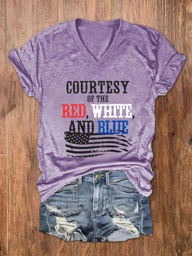 Women's Courtesy Of The Red White And Blue V Neck Casual Flag Cotton-Blend T-Shirt
