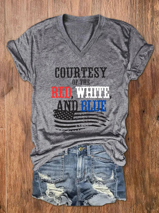 Women's Courtesy Of The Red White And Blue V Neck Casual Flag Cotton-Blend T-Shirt