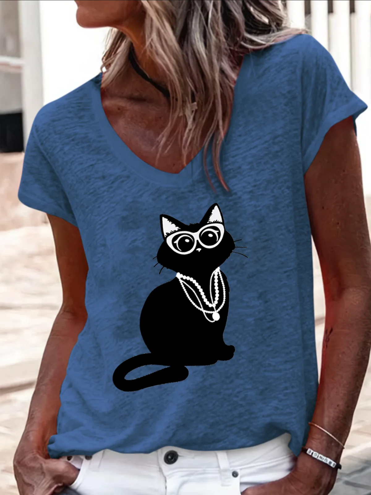 Iris Apfel Fancy Cat V Neck Casual Cotton-Blend T-Shirt