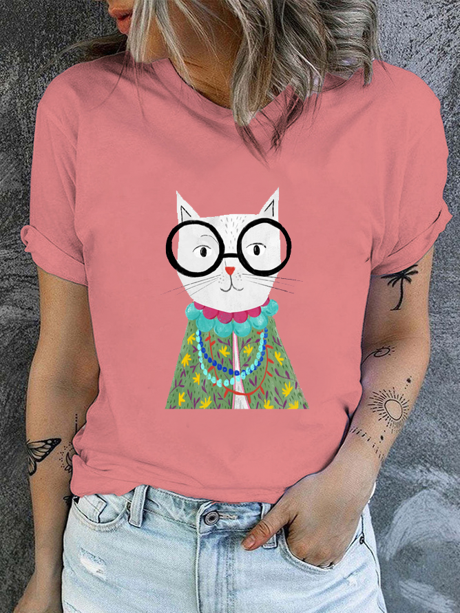 Iris Catfel Cat Art Print Cotton Casual Crew Neck T-Shirt