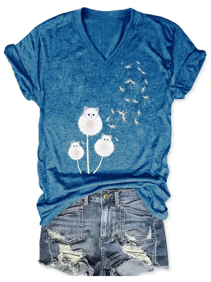 V-neck Retro Cat & Dandelion Print T-Shirt