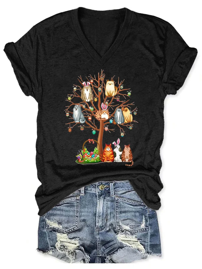 V-neck Retro Easter Egg Tree Cats Print T-Shirt