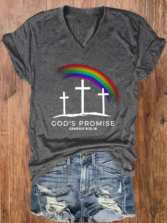 Women's God's Promise Cross Print Text Letters V Neck Casual T-Shirt
