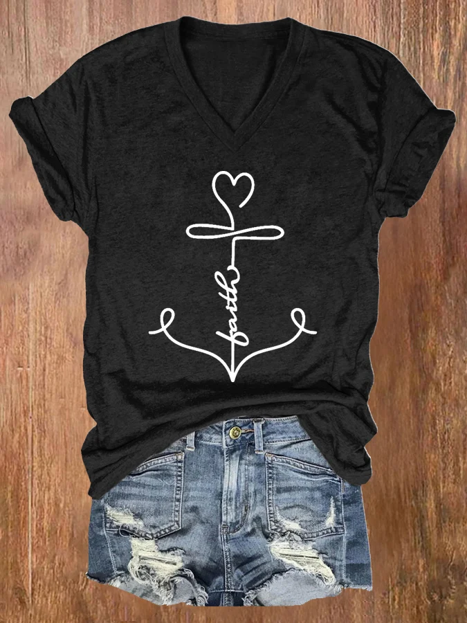 Women's Faith Anchor Print V Neck T-shirt