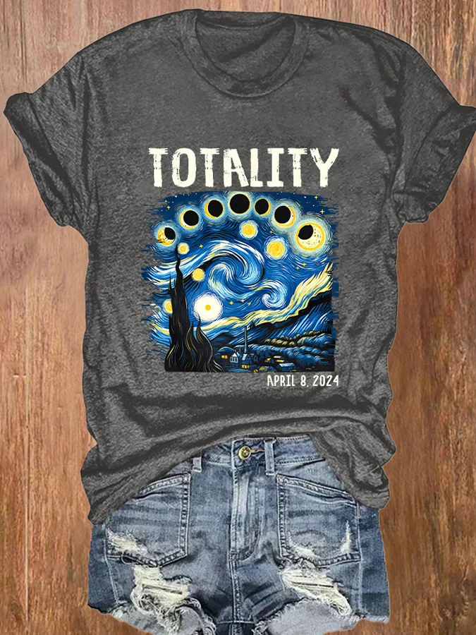 Retro Starry Night & Totality Solar Eclipse Of April 8, 2024 Print T-Shirt