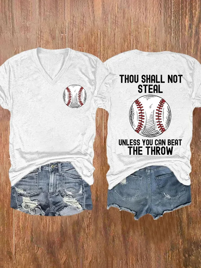 V-neck Retro Baseball Thou Shall Not Steal Unless You Can Beat The Throw Print T-Shirt
