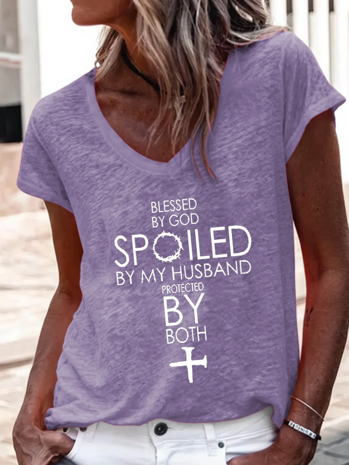 Women's Blessed By God Spoiled By My Husband Protected By Both V-Neck Tee