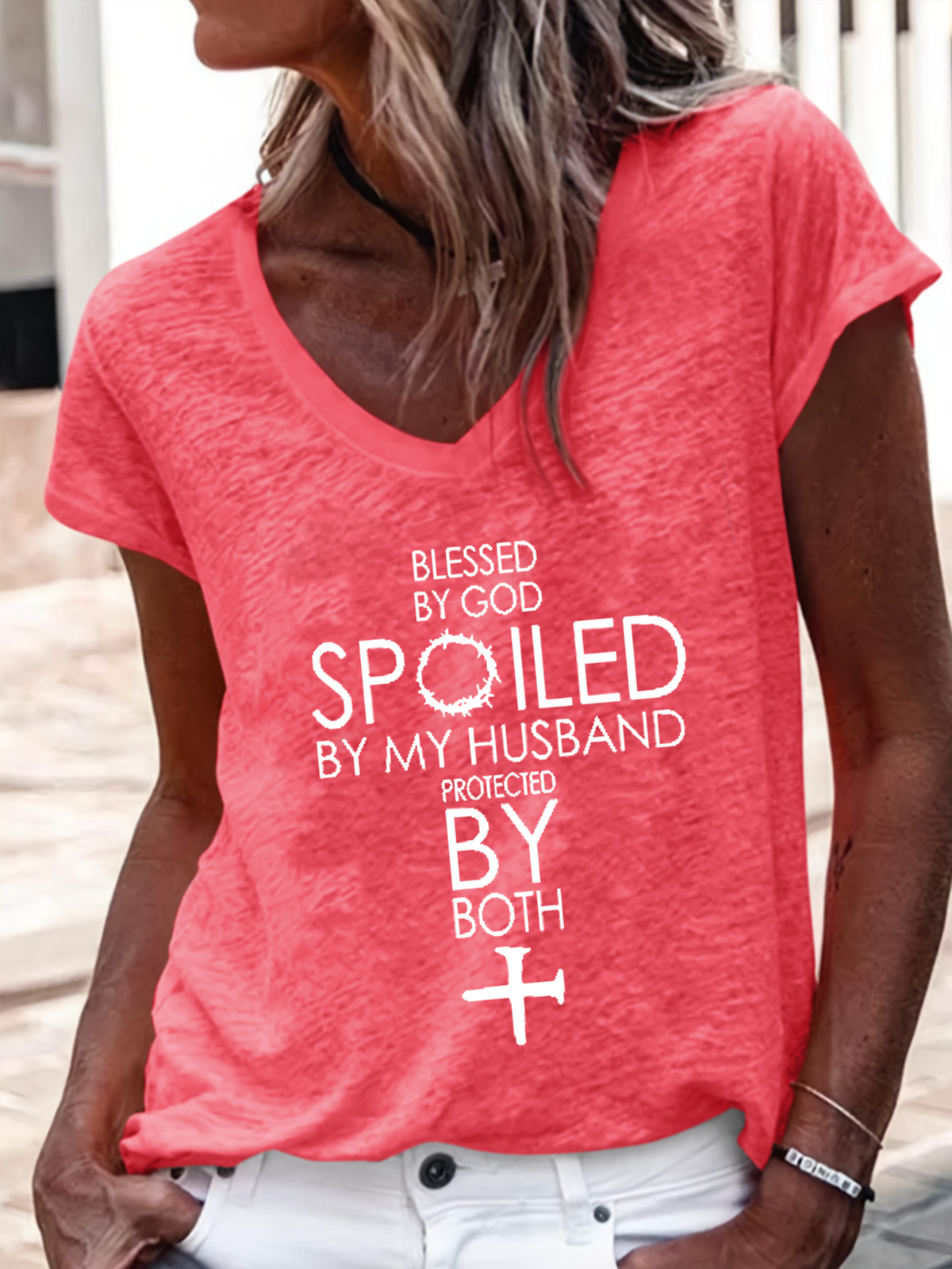 Women's Blessed By God Spoiled By My Husband Protected By Both V-Neck Tee