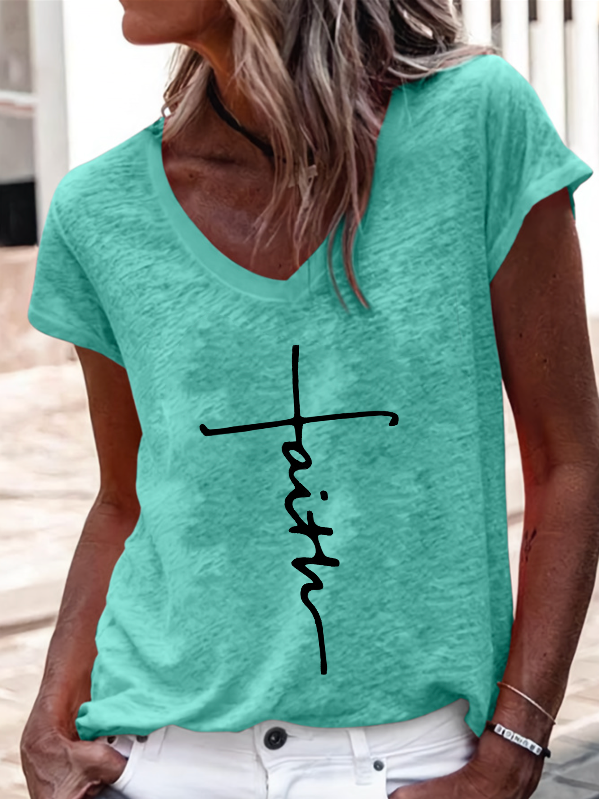 Faith Cross Text Letters Cotton-Blend Casual V Neck T-Shirt