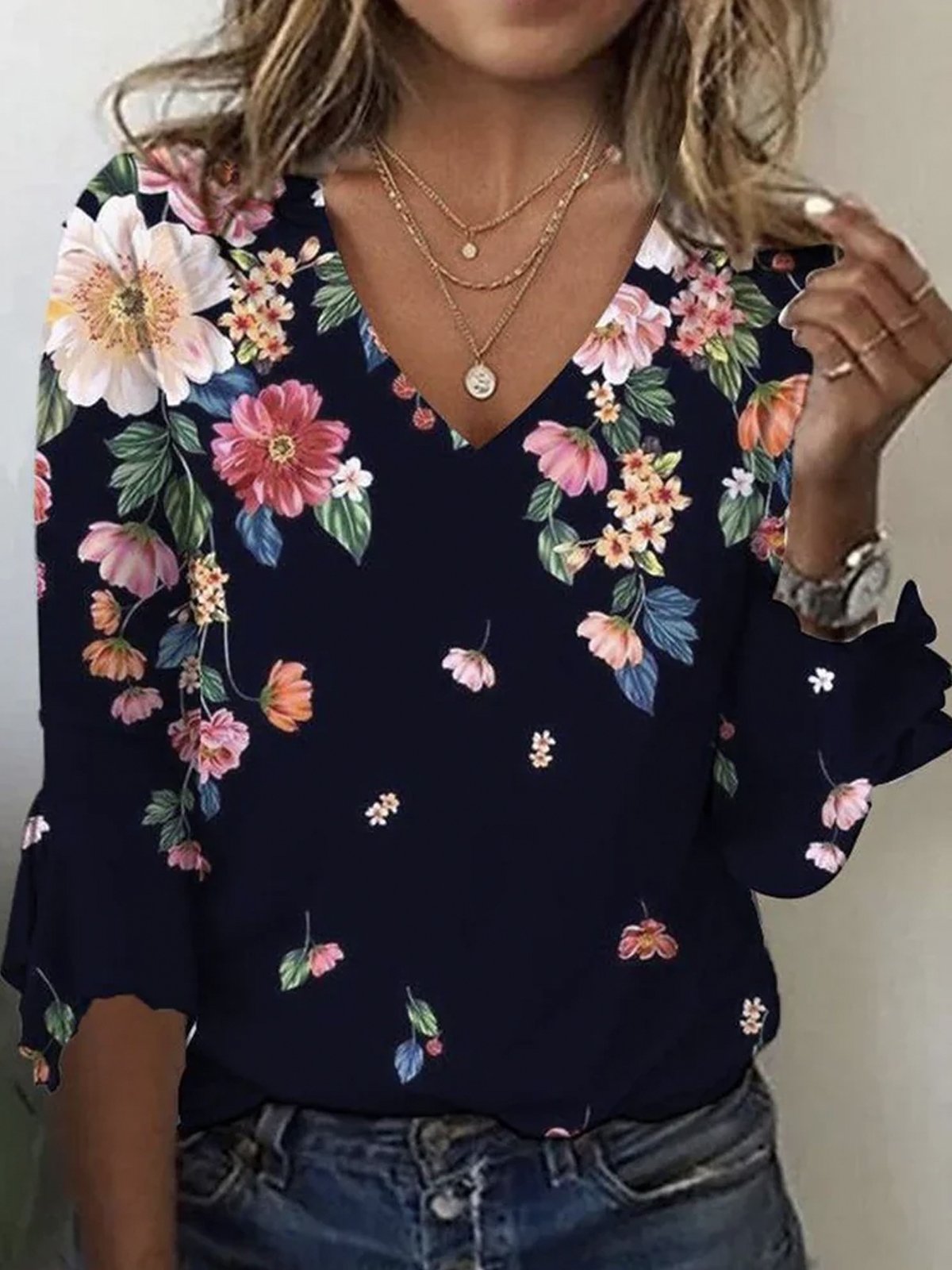 Loose Floral Casual V Neck T-Shirt