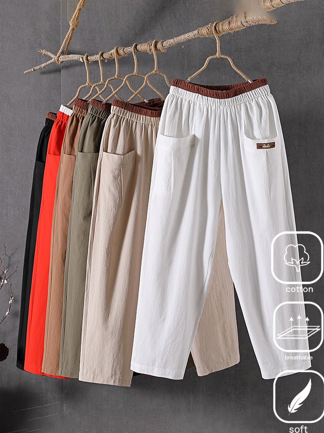 Plain Casual Pocket Stitching Cotton Pants