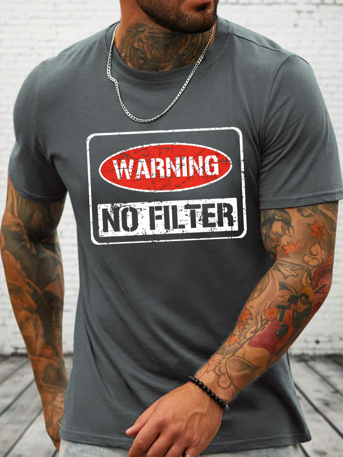 Warning No Filter Cotton Crew Neck Loose Casual T-Shirt