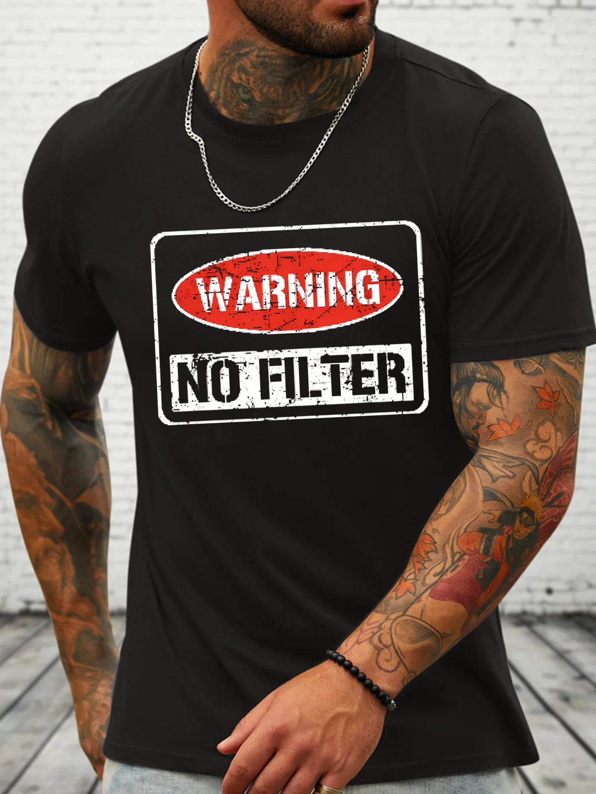 Warning No Filter Cotton Crew Neck Loose Casual T-Shirt