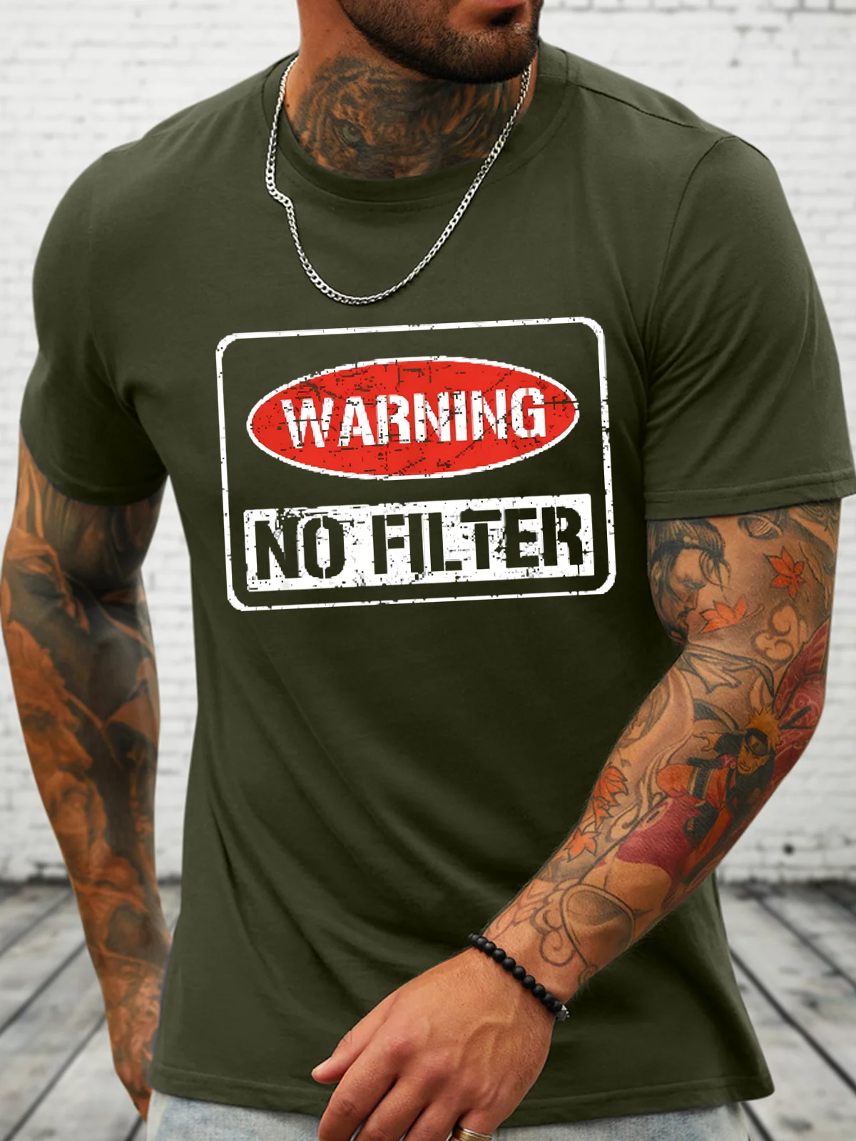 Warning No Filter Cotton Crew Neck Loose Casual T-Shirt