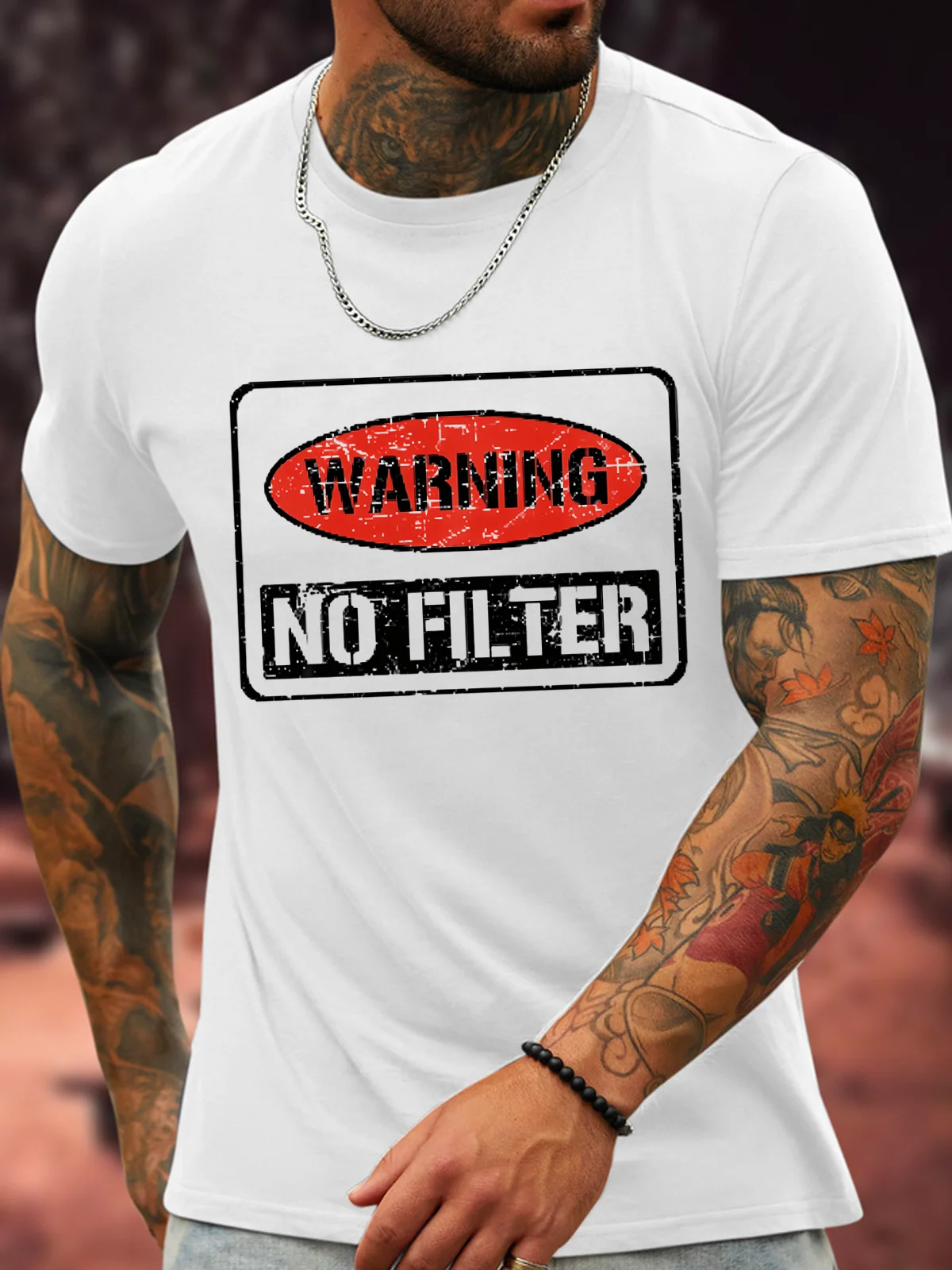 Warning No Filter Cotton Crew Neck Loose Casual T-Shirt