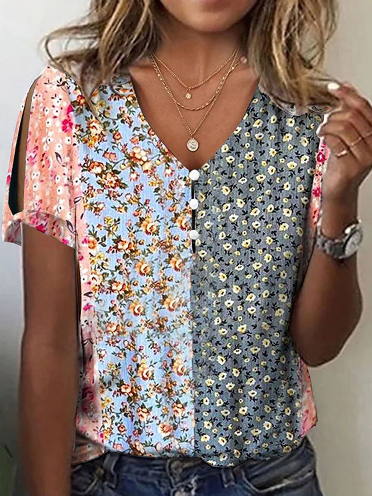 Buckle Floral Casual Loose T-Shirt