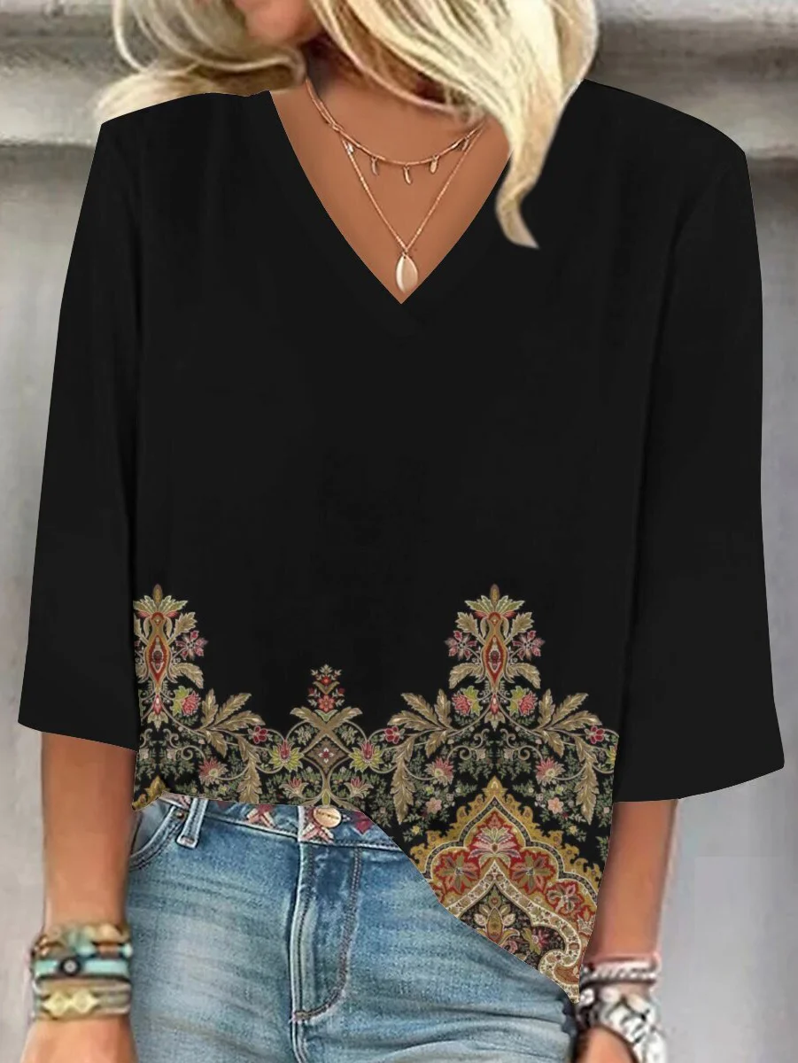 V Neck Floral Loose Casual Blouse