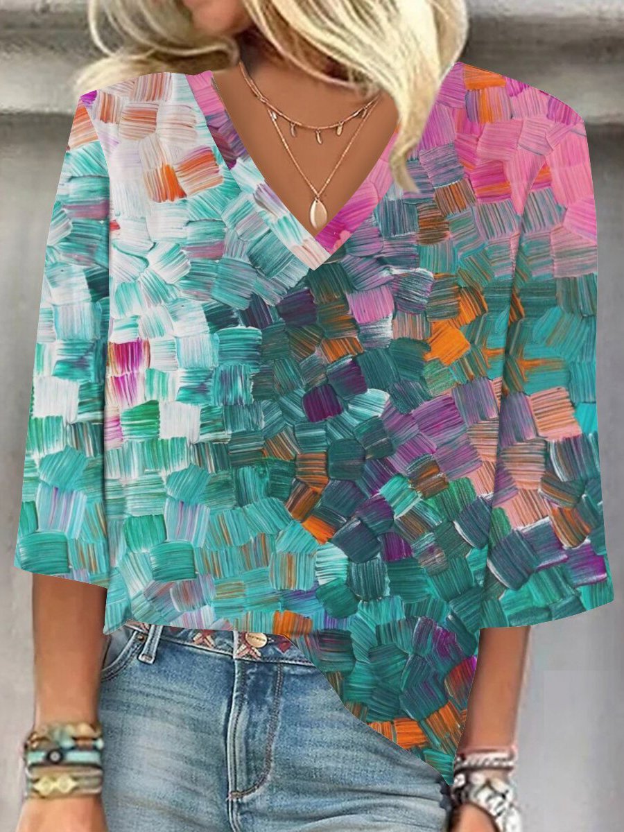 V Neck Floral Loose Casual Blouse