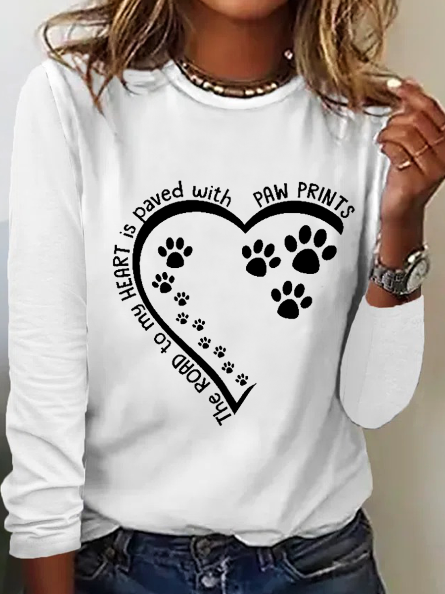 Women's Dog Lovers The Road To My Heart Is Paved With Paw Prints Text Letters Simple Long Sleeve Shirt