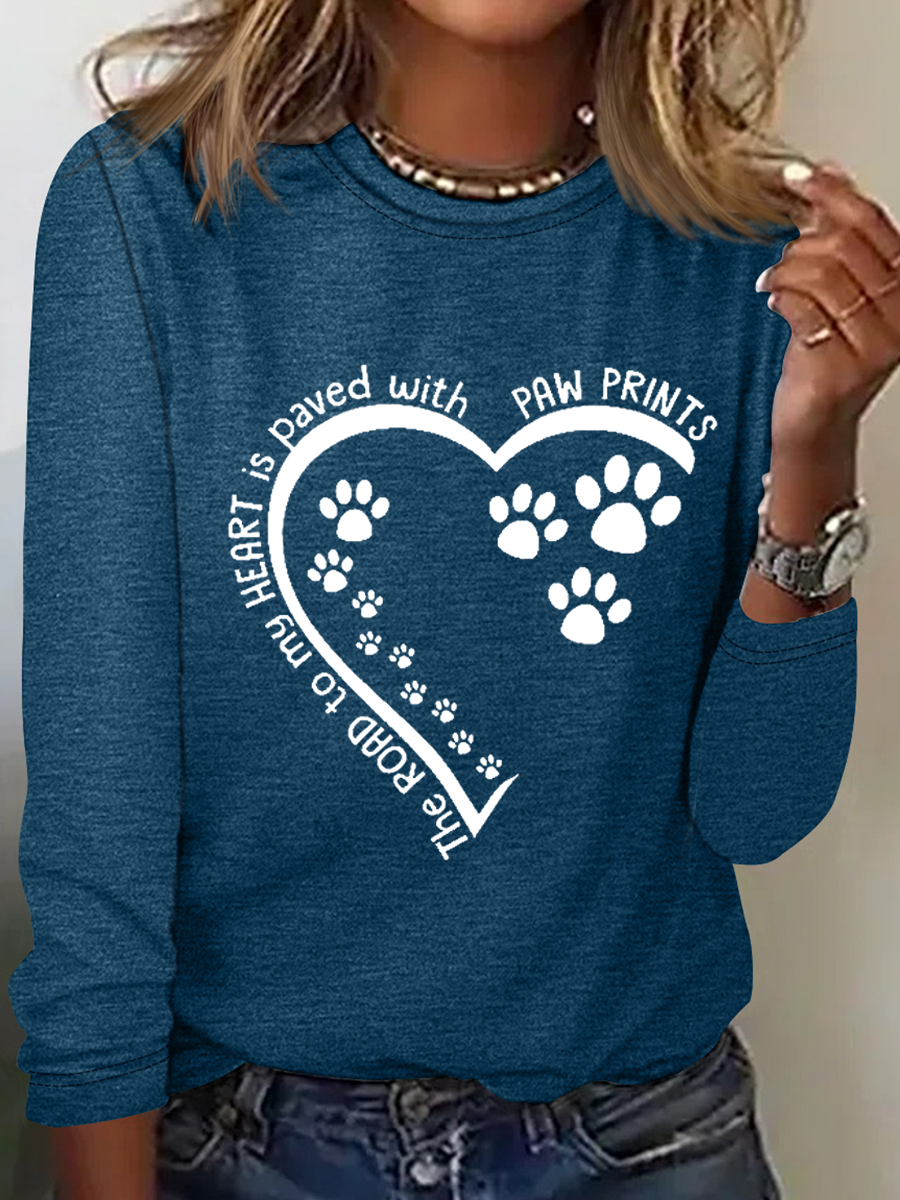 Women's Dog Lovers The Road To My Heart Is Paved With Paw Prints Text Letters Simple Long Sleeve Shirt