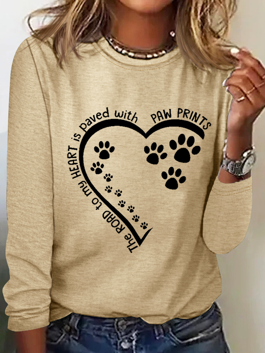 Women's Dog Lovers The Road To My Heart Is Paved With Paw Prints Text Letters Simple Long Sleeve Shirt