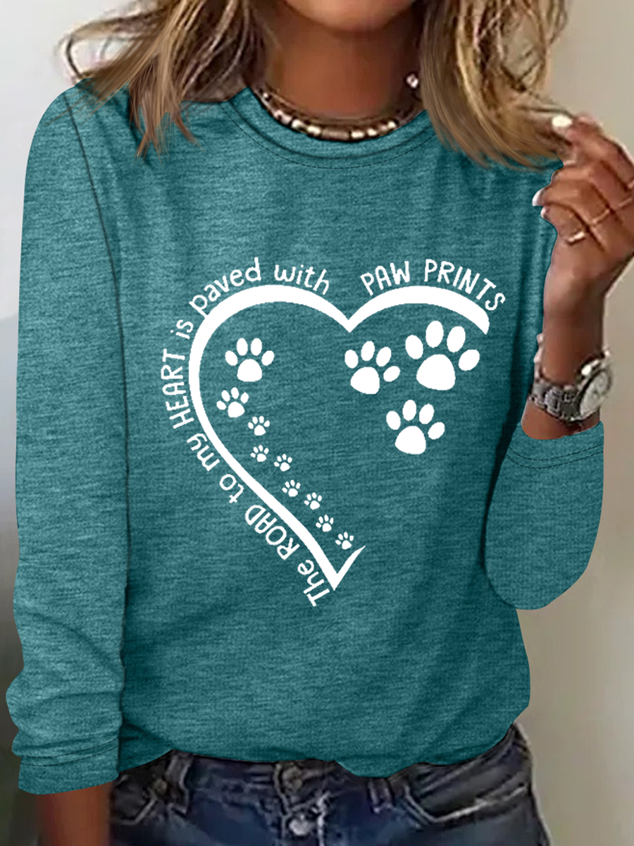 Women's Dog Lovers The Road To My Heart Is Paved With Paw Prints Text Letters Simple Long Sleeve Shirt