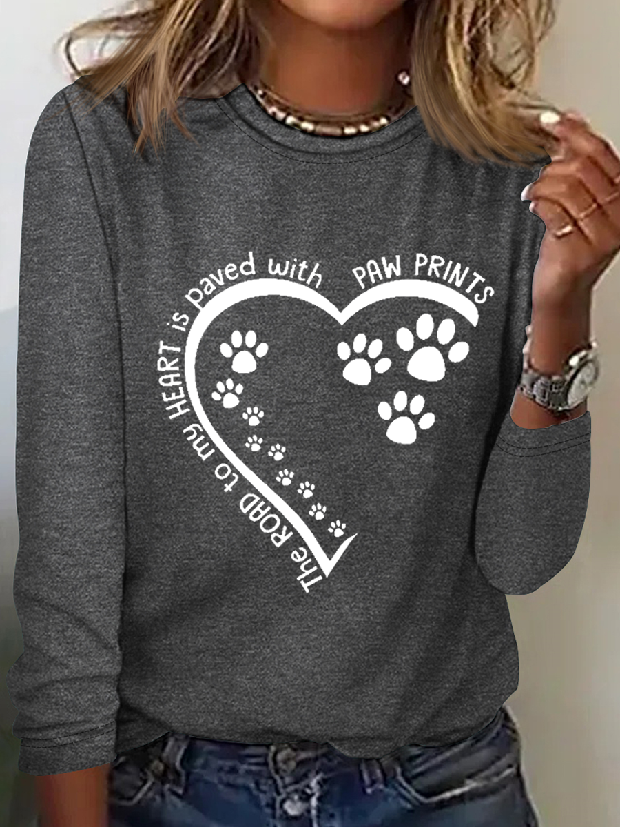 Women's Dog Lovers The Road To My Heart Is Paved With Paw Prints Text Letters Simple Long Sleeve Shirt